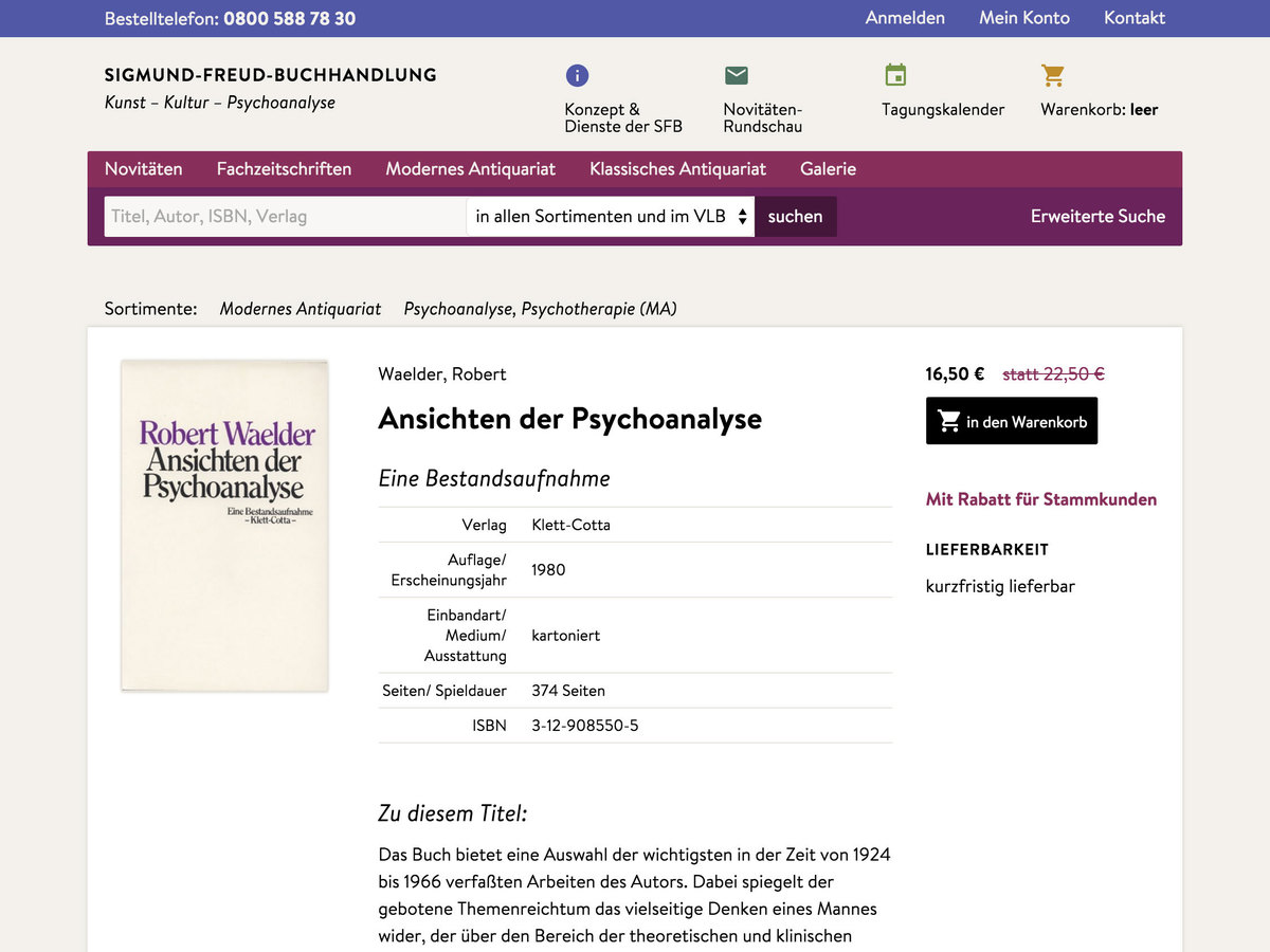 Website Sigmund-Freud-Buchhandlung, Bildschirmfoto Katalog-Detailseite (Ausschnitt)