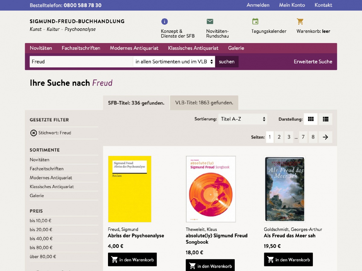 Website Sigmund-Freud-Buchhandlung, Bildschirmfoto Katelog-Index/Suche (Ausschnitt)