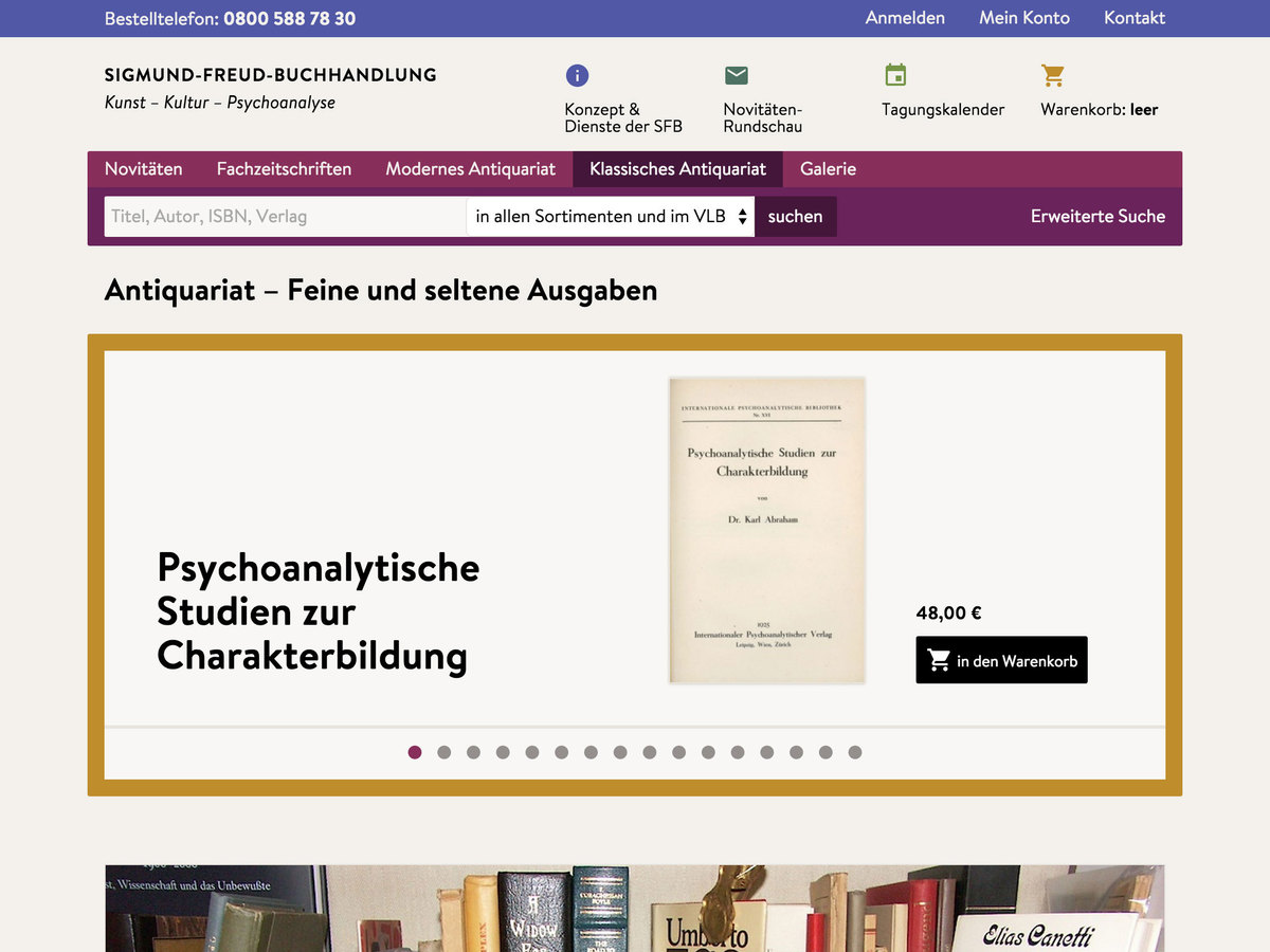 Website Sigmund-Freud-Buchhandlung, Bildschirmfoto Sortiments-Startseite (Ausschnitt)