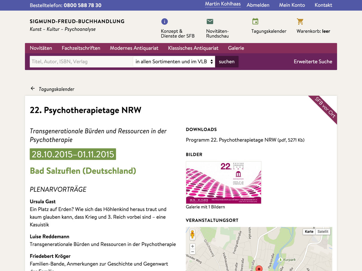 Website Sigmund-Freud-Buchhandlung, Bildschirmfoto Tagungskalender-Detailseite (Ausschnitt)
