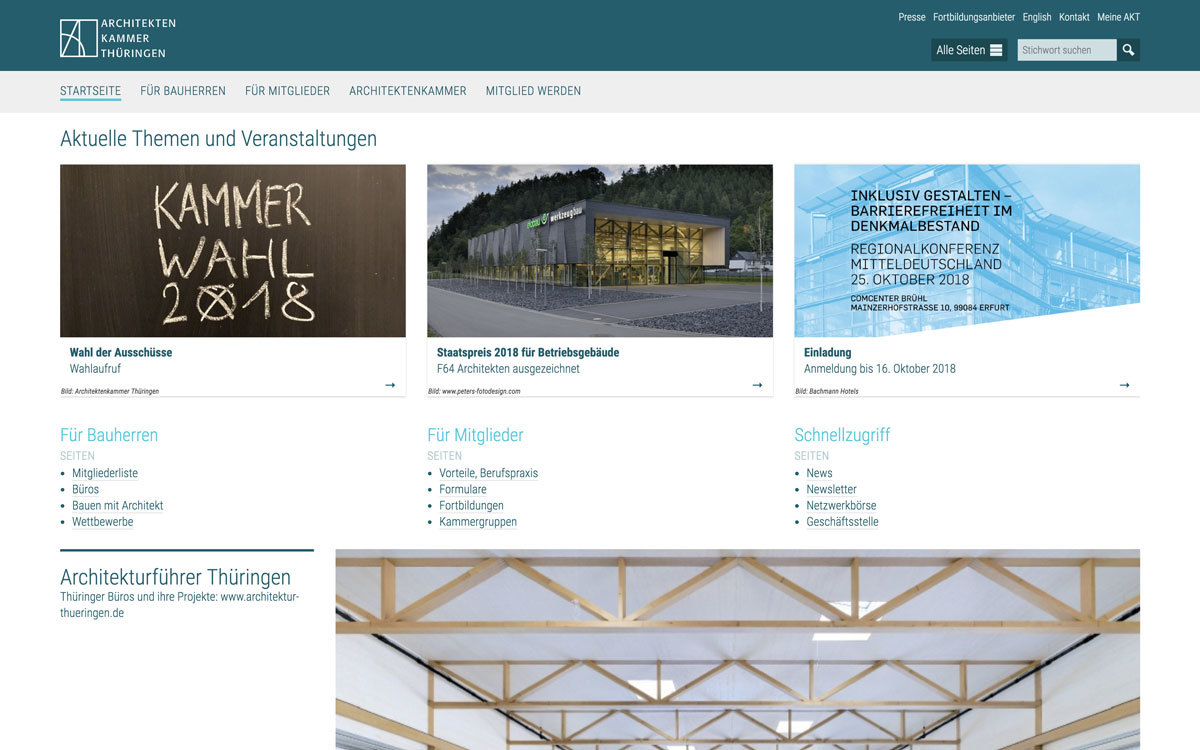 Architektenkammer Thüringen - Startseite, Bildschirmfoto 13.09.2018