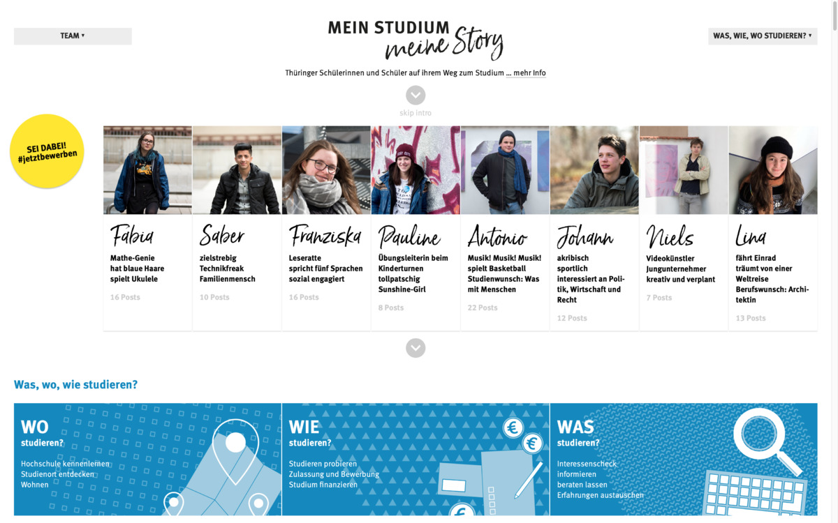 Mein Studium. Meine Story: Startseite der Website mit allen Teilnehmenden, Bildschirmfoto Januar 2019
