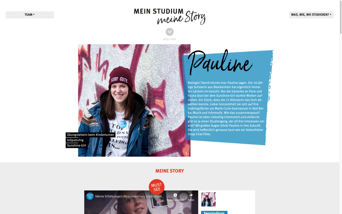Mein Studium. Meine Story: Profilseite einer Teilnehmerin mit ihren Posts, Bildschirmfoto Januar 2019