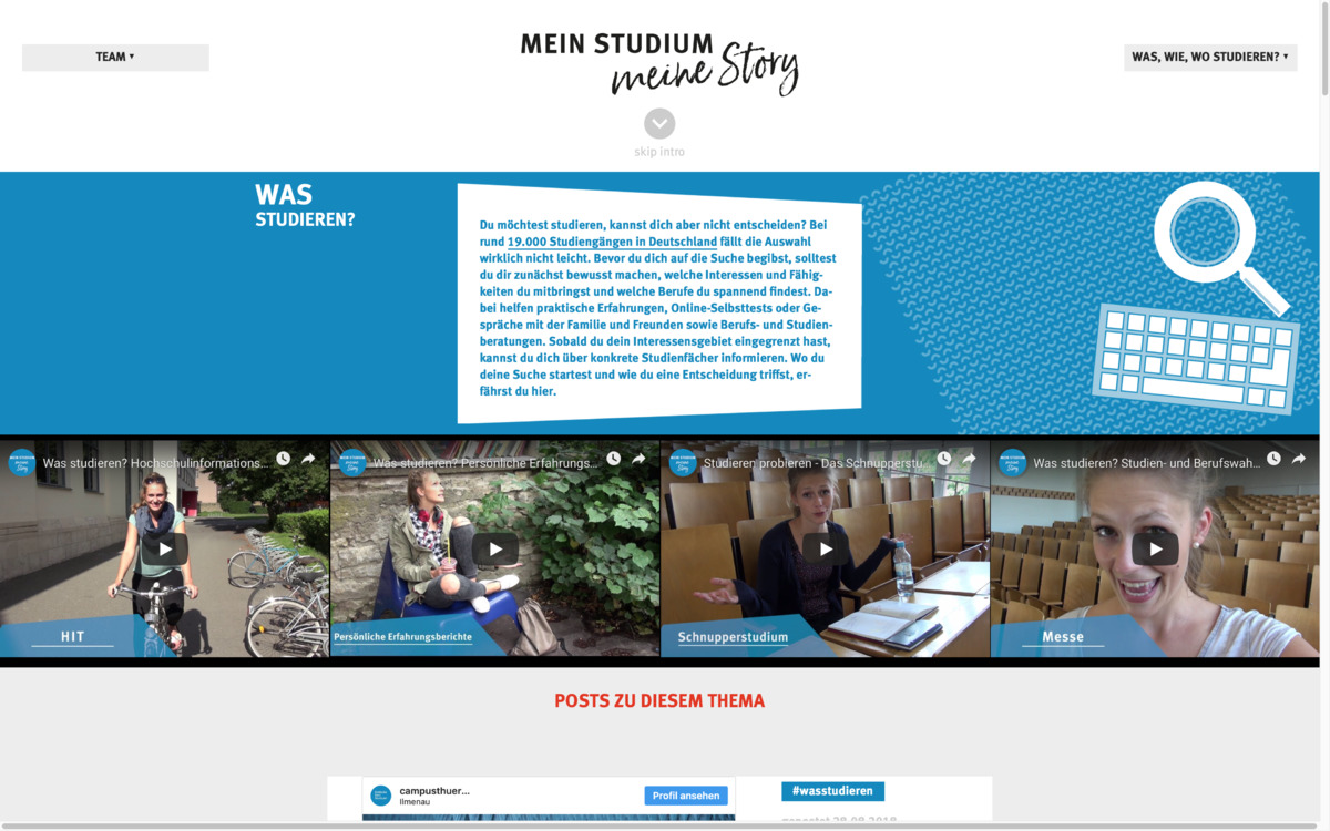 Mein Studium. Meine Story: Themenseite „Was studieren?“ mit Videos und Posts, Bildschirmfoto Januar 2019
