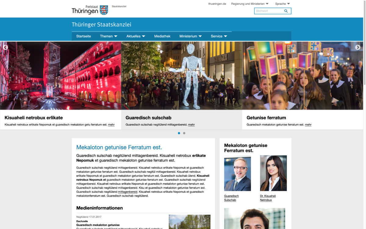 Thüringer Markenhandbuch Online: Beispielseite, Bildschirmfoto Online-Styleguide Januar 2019