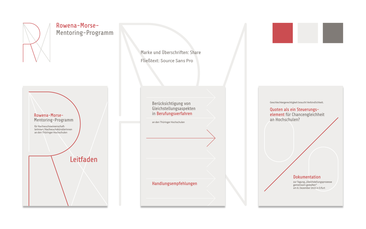 Elemente des Corporate Designs für das Rowena-Morse-Mentoring-Programm/ TKG: Logo, Farben und Broschüren-Cover