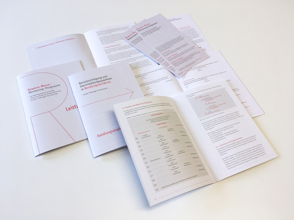 Broschüre und Flyer für das Rowena-Morse-Mentroing Programm sowie Broschüre „Handlungsempfehlungen für Berufungsverfahren“ des TKG