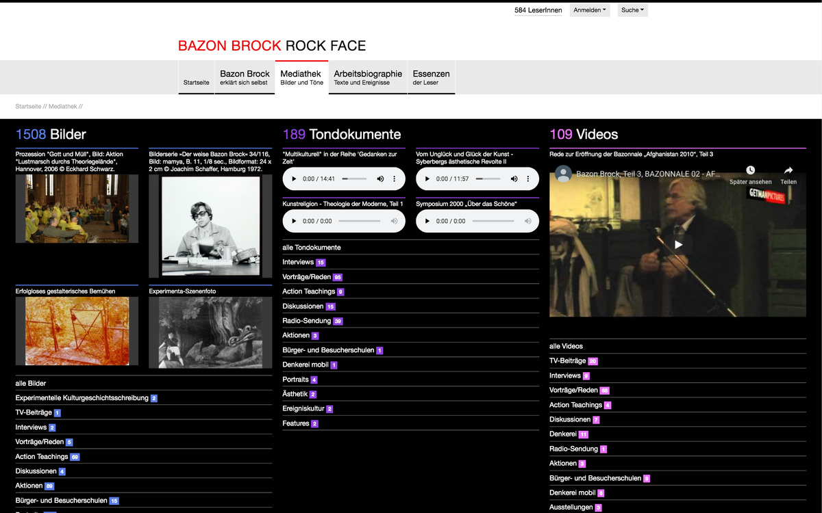 Website Bazon Brock: Mediathek Startseite, Bildschirmfoto 10/2019