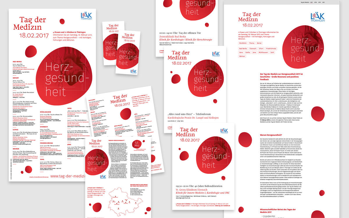 Tag der Medizin 2017 (von links): Plakat und Faltblatt mit allen Angeboten, Aushänge zum Selbstausdrucken (Beispiele), Website