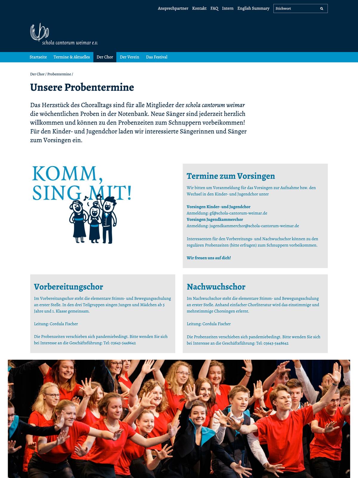 Website der Schola Cantorum Weimar: normale „statische Seite“ mit Probenterminen