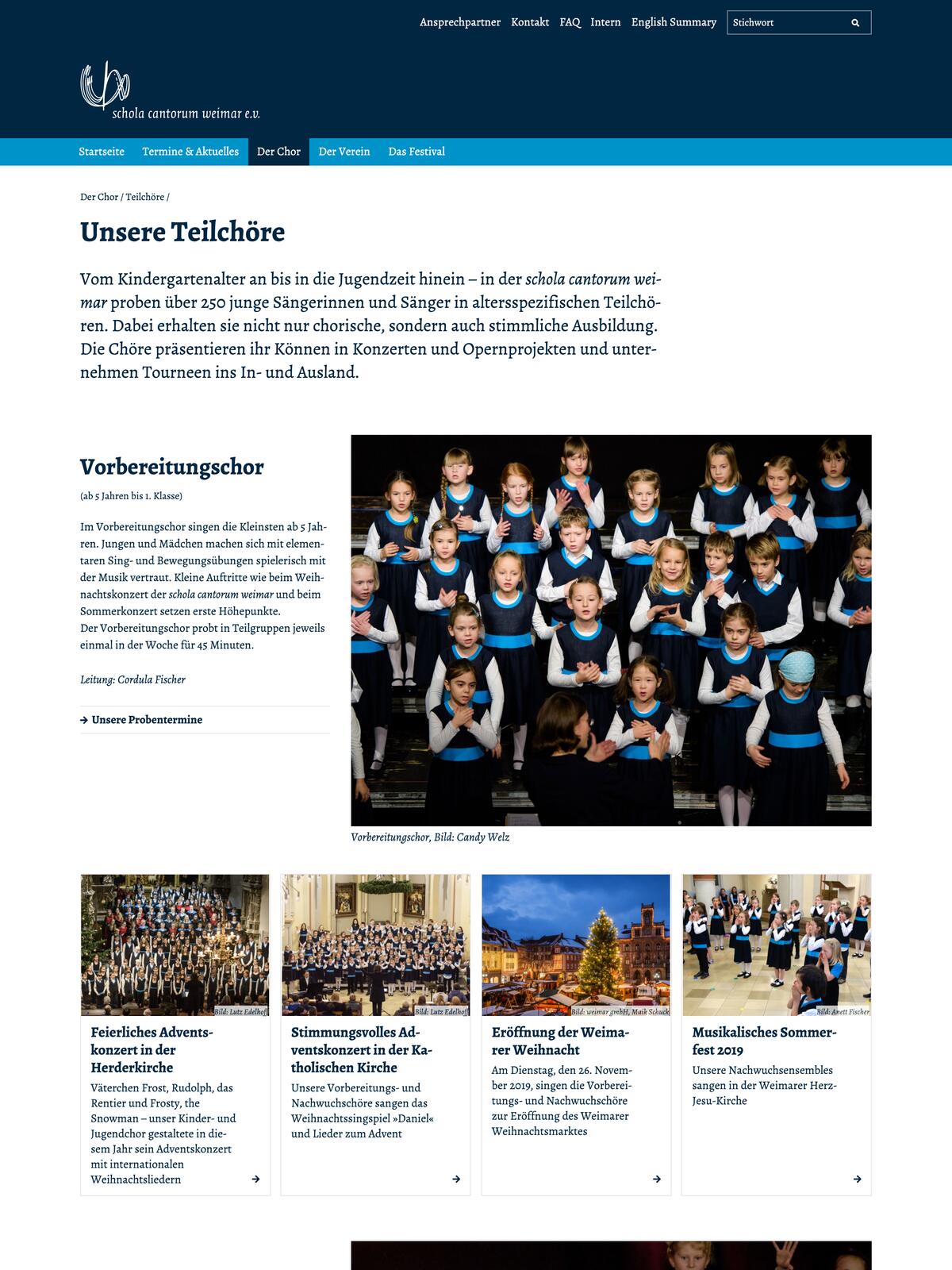 Website der Schola Cantorum Weimar: Seite mit einer Übersicht der Teilchöre