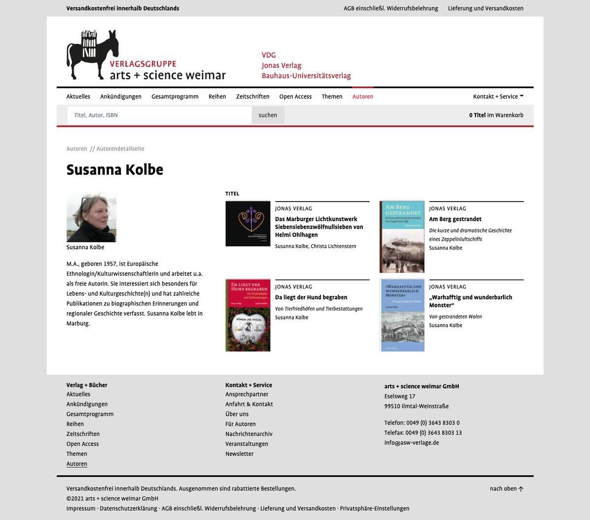 Website asw-verlage.de: beispielhafte Seite zu einer Autorin, Kohlhaas & Kohlhaas