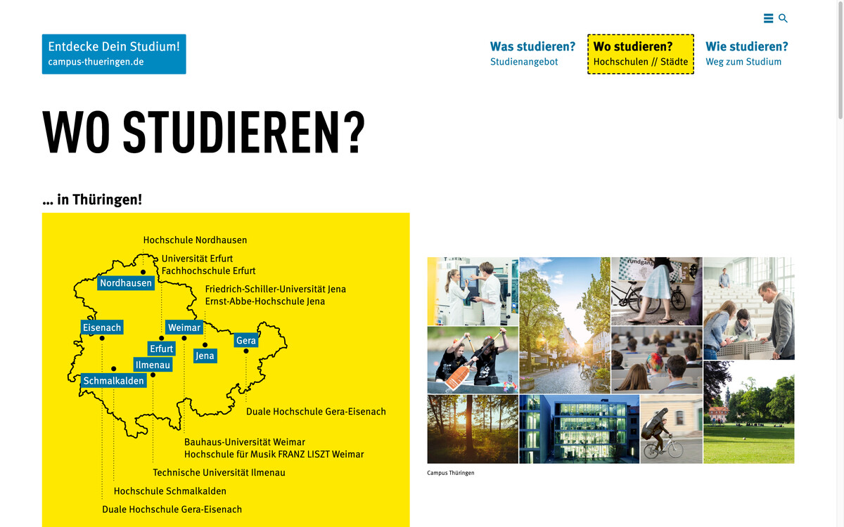 Web-Portal „Entdecke Dein Studium!“: Rubrikenstartseite „Wo studieren?“, Bildschirmfoto 11.01.2022