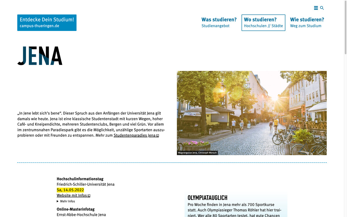 Web-Portal „Entdecke Dein Studium!“: Beispiel für eine Stadtseite, Bildschirmfoto 11.01.2022