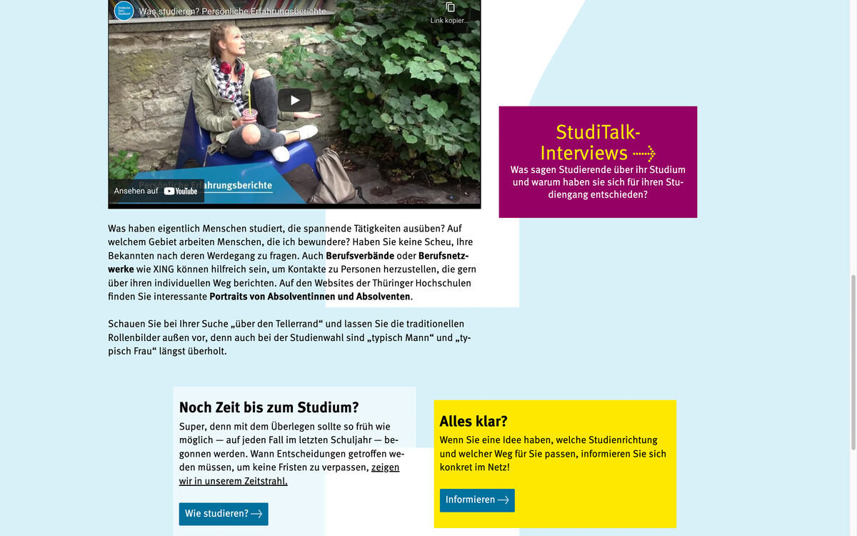 Web-Portal „Entdecke Dein Studium!“: Nachdenken und nachforschen — Was passt zu mir?, Bildschirmfoto 11.01.2022