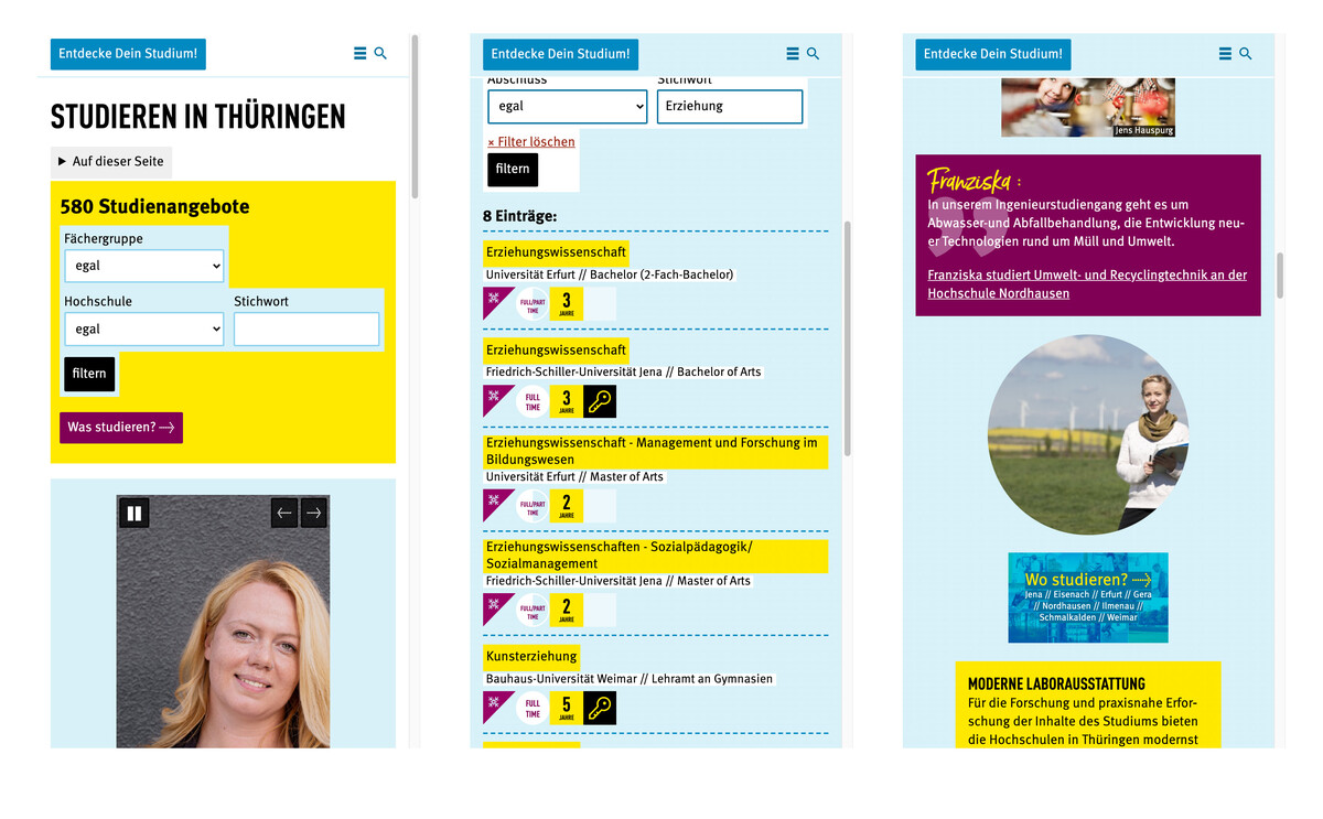 Web-Portal „Entdecke Dein Studium!“: Smartphone-Screens, Bildschirmfoto 11.01.2022