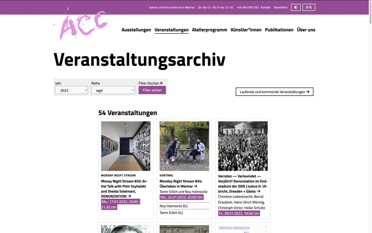 acc-weimar.de, Archiv aller Veranstaltungen (Ausstellungen und andere Events) seit 1990, Bildschirmfoto 05.01.2023
