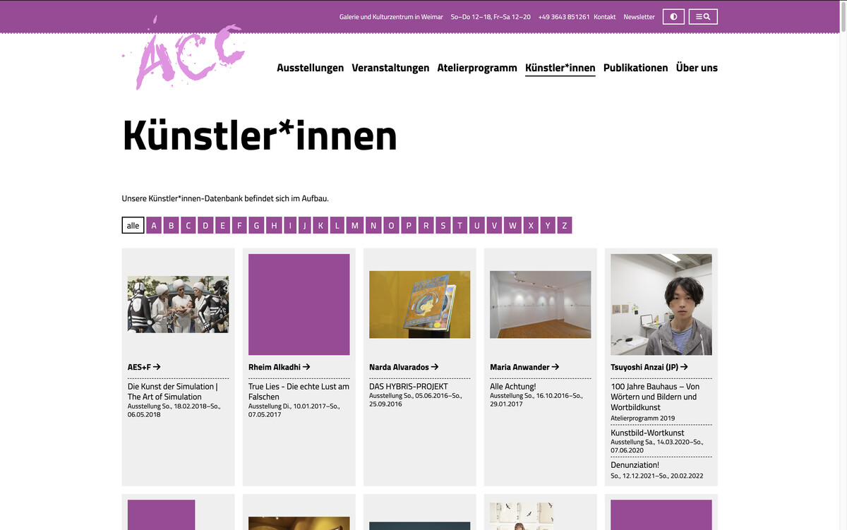 acc-weimar.de, Übersicht der Künstlerinnen und Künstler, die an Ausstellungen des ACC beteiligt waren, Bildschirmfoto 05.01.2023