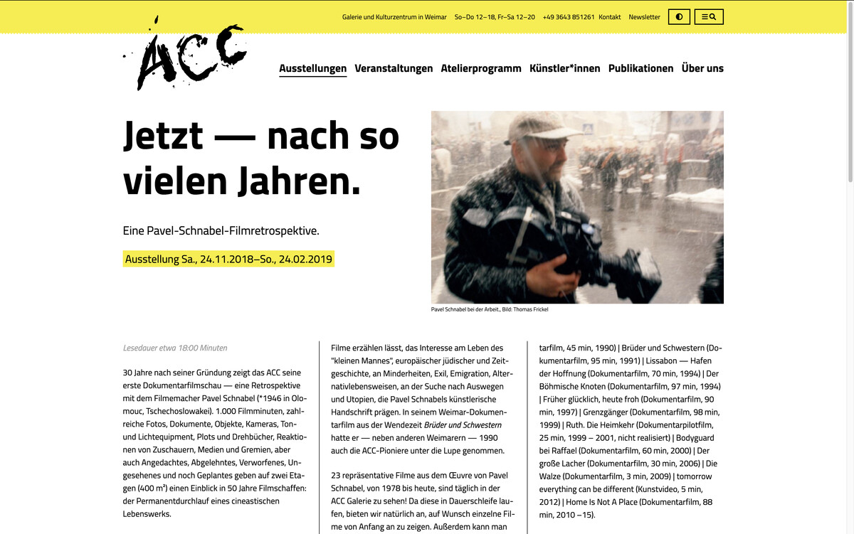 acc-weimar.de, Seite zur Ausstellung „Jetzt — nach so vielen Jahren.“, Bildschirmfoto 05.01.2023