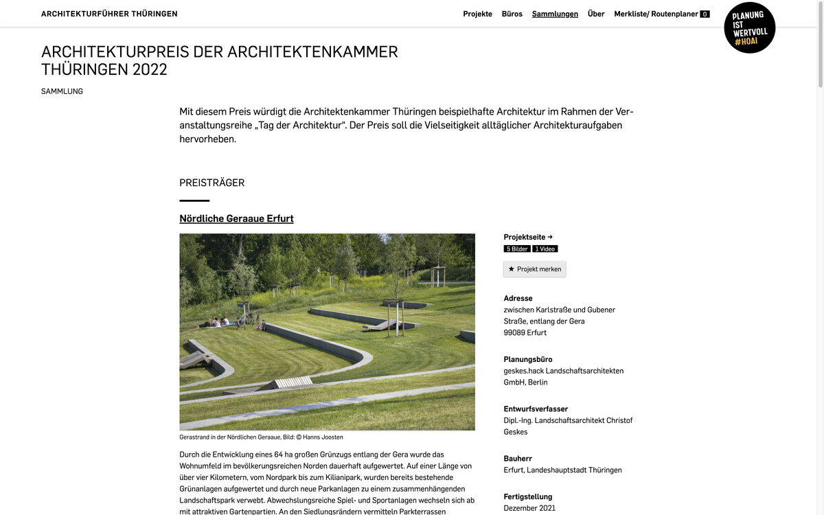 Architekturführer Thüringen: Seite mit einer redaktionell zusammengestellten Projektsammlung, hier zum Architekturpreis 2022 der Architektenkammer Thüringen, Bildschirmfoto 05.01.2023