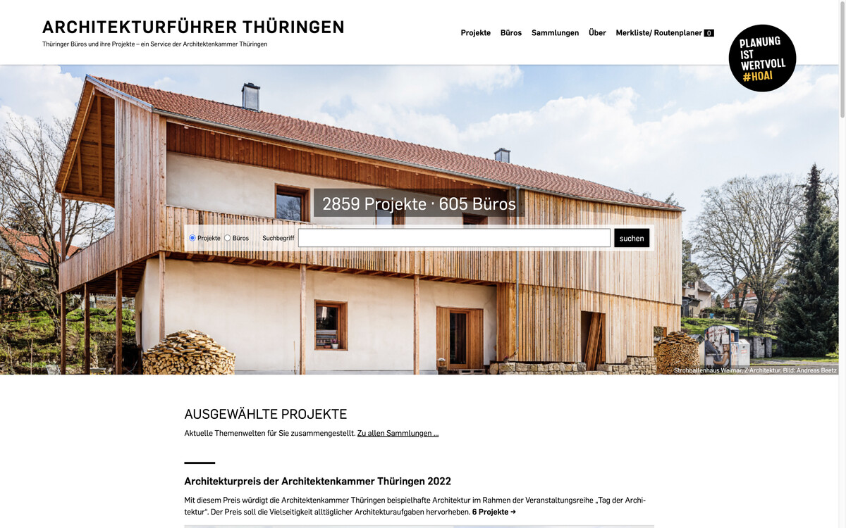 Architekturführer Thüringen: Startseite mit direktem Zugang zur Projekt- und Bürosuche, Bildschirmfoto 05.01.2023