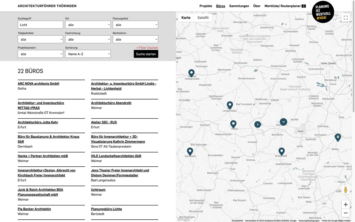Architekturführer Thüringen: Suchergebnis bei der Suche nach Büros mit dem Stichwort „Licht“ im Namen, Bildschirmfoto 05.01.2023