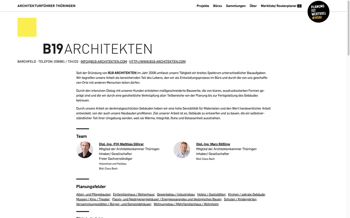 Architekturführer Thüringen: Büroprofilseite mit eigenem Logo und mehr Infos zum Büro, Bildschirmfoto 05.01.2023