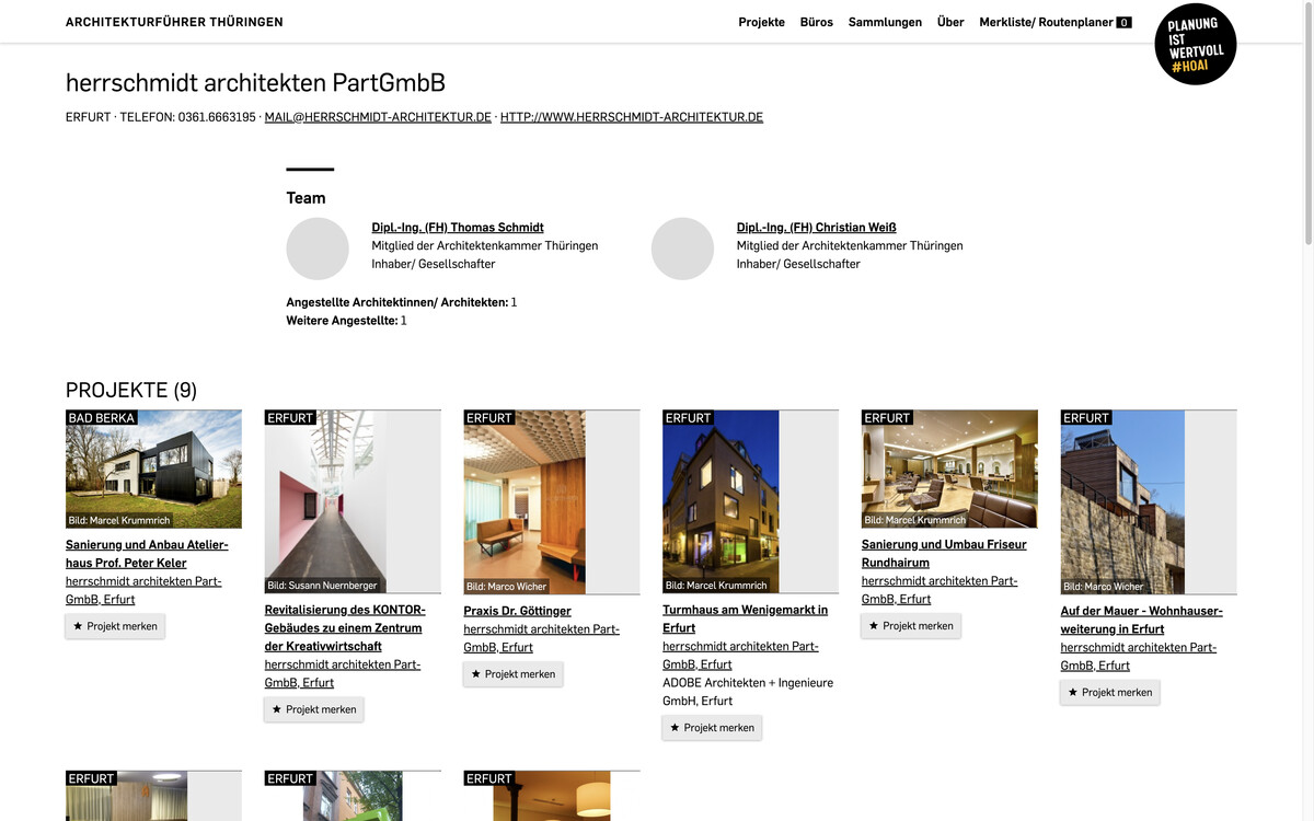 Architekturführer Thüringen: Büroprofilseite ganz ohne ergänzende Informationen – geht auch., Bildschirmfoto 05.01.2023