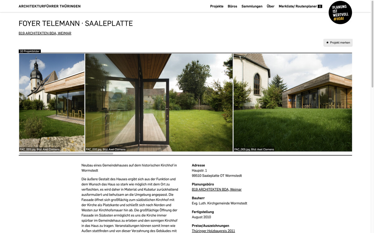 Architekturführer Thüringen: automatisch layoutete Projektseite, Bildschirmfoto 05.01.2023