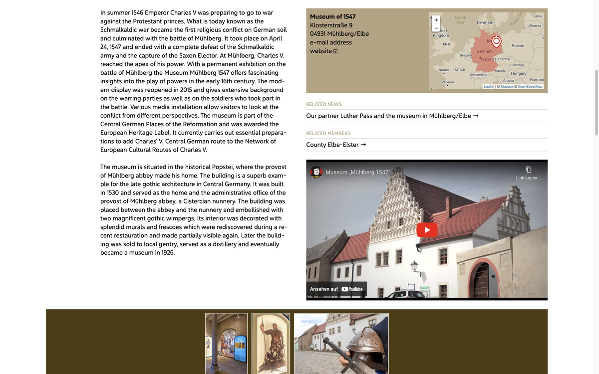 Routes of Reformation: Mittelteil der Seite zum Museum Mühlberg 1547, Bildschirmfoto 05.01.2023