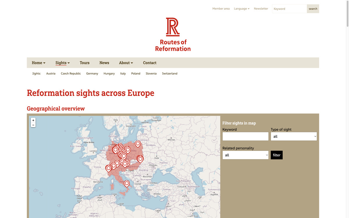 Routes of Reformation: Übersichtsseite aller Reformationsstätten in Europa mit kleiner Suche, Bildschirmfoto 05.01.2023